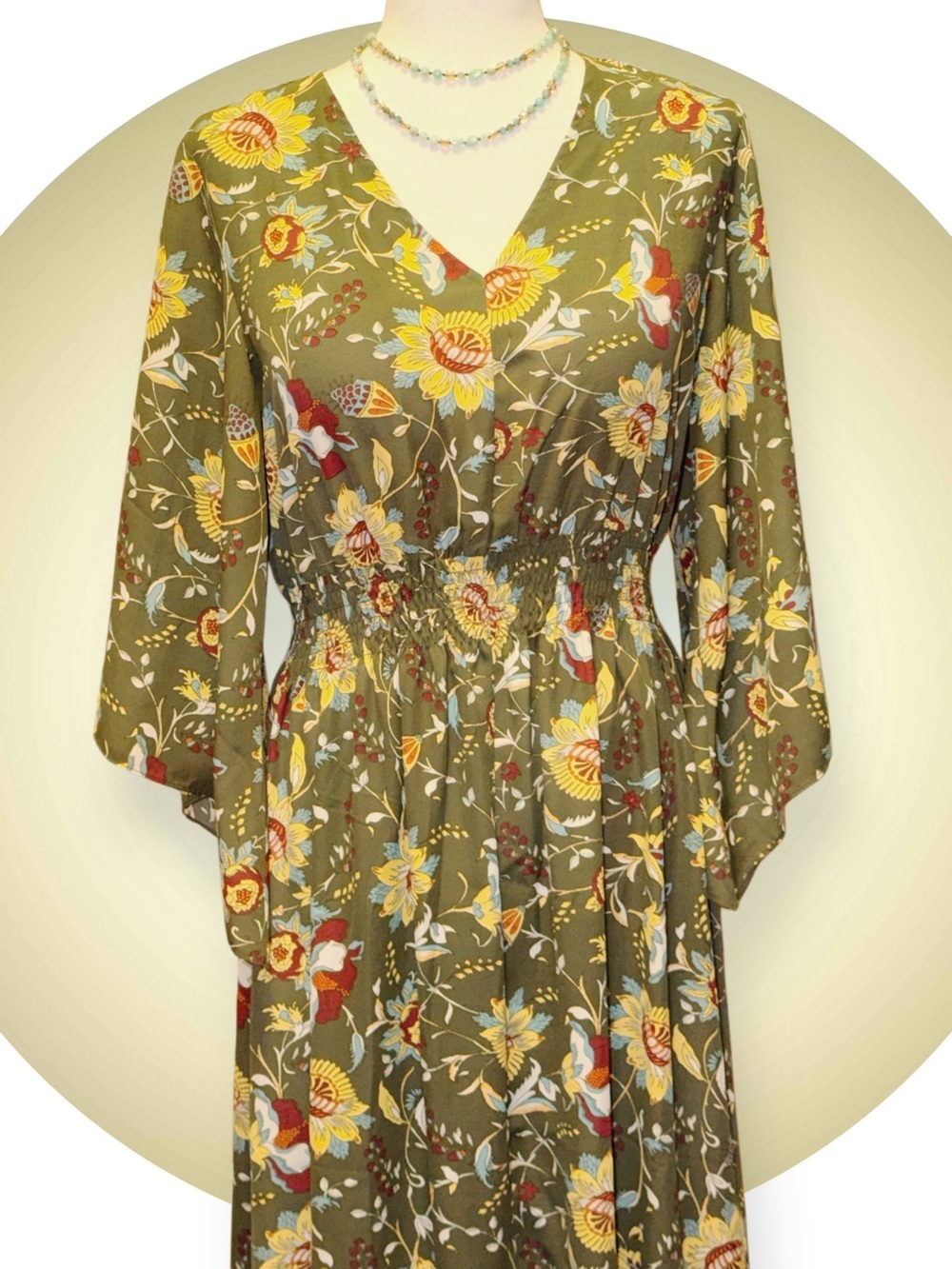 Belle Boho by Kim Gravel Smocked Waist Dress Olive Floral Fall Harvest - Picture 3 of 10
